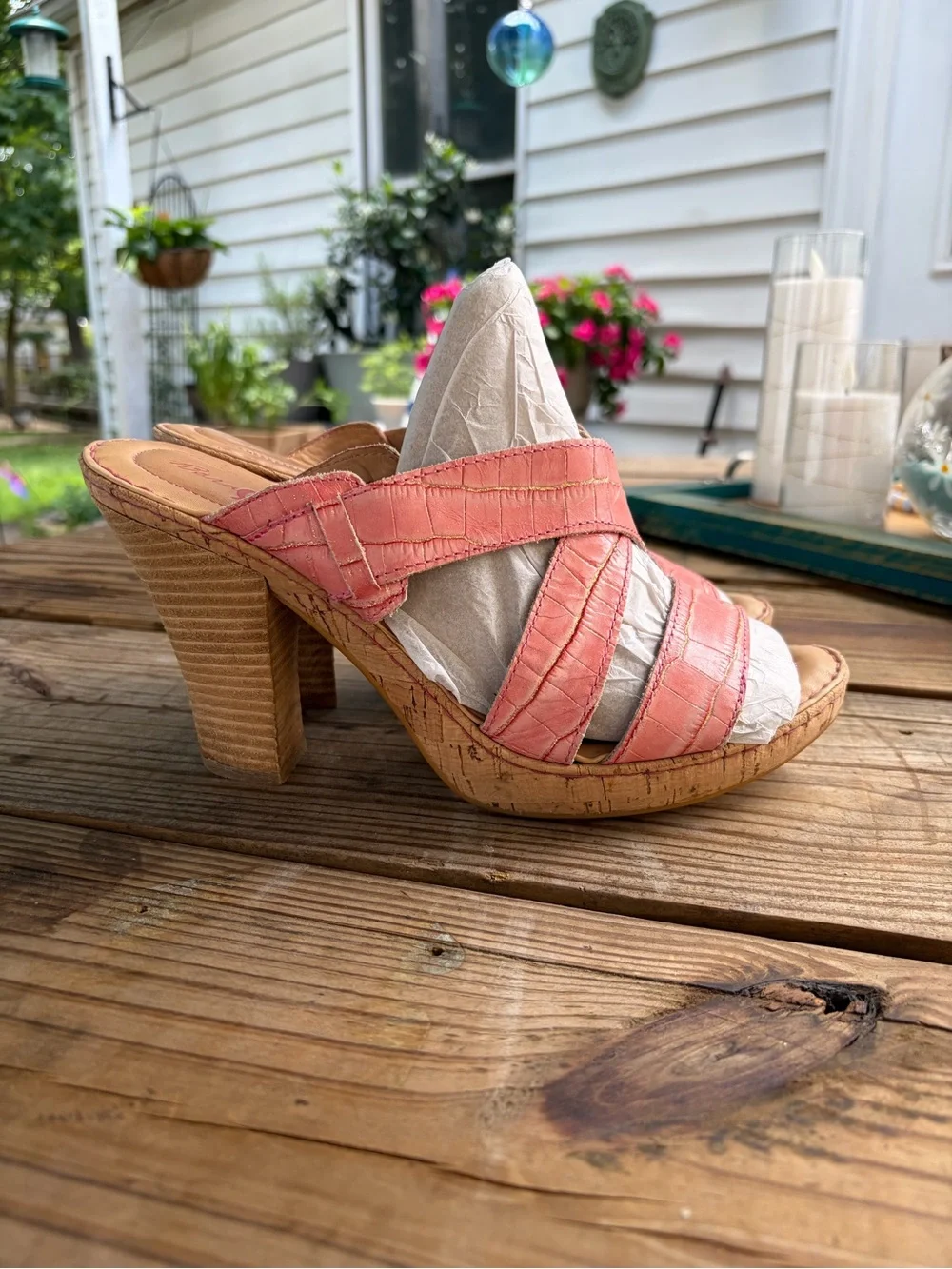 Born Coral and Cream Leather Cork-Stack Heel Mules - Picture 4 of 7